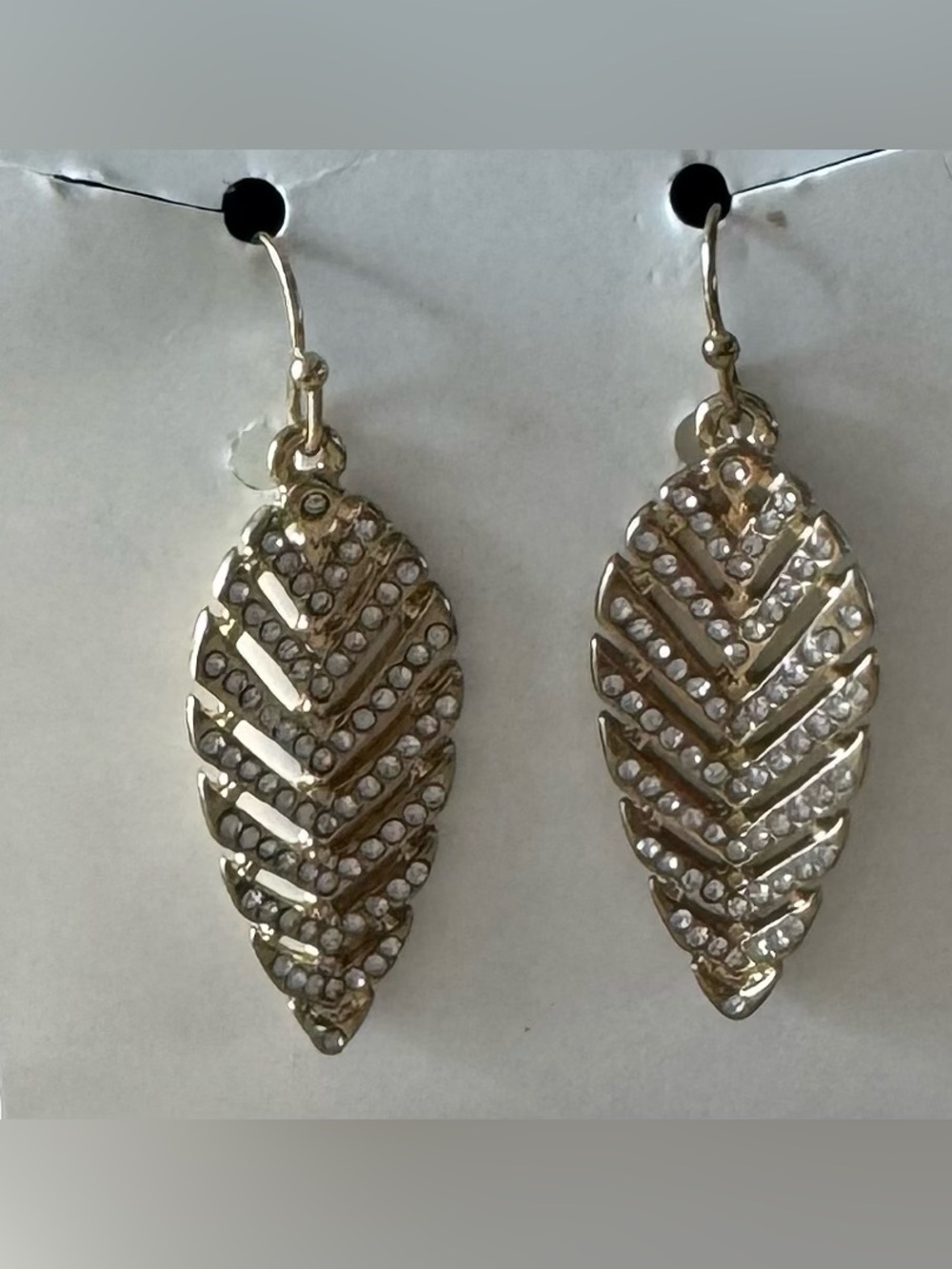 Gold-Tone Small Leaf Drop Earrings with White Crystals